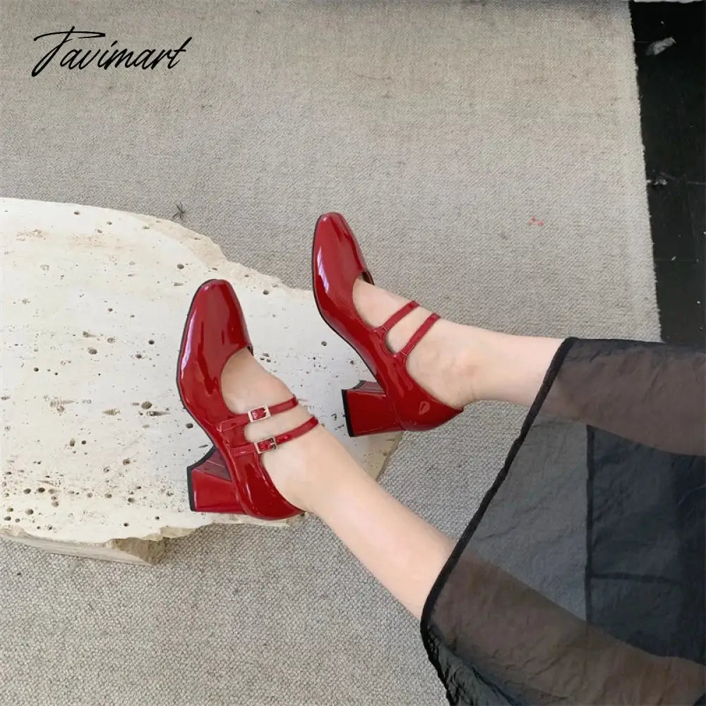 vzyzv -  New Spring Korea Flats Fashion Mary Jane Shoes Square Toe Women's Shoes Retro PU Red Black Women Pumps