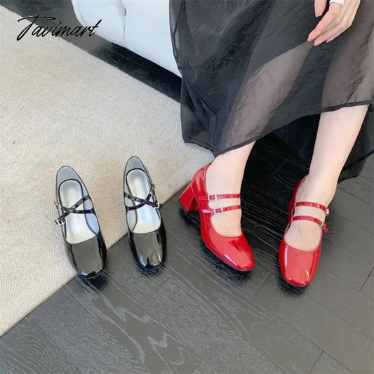 vzyzv -  New Spring Korea Flats Fashion Mary Jane Shoes Square Toe Women's Shoes Retro PU Red Black Women Pumps