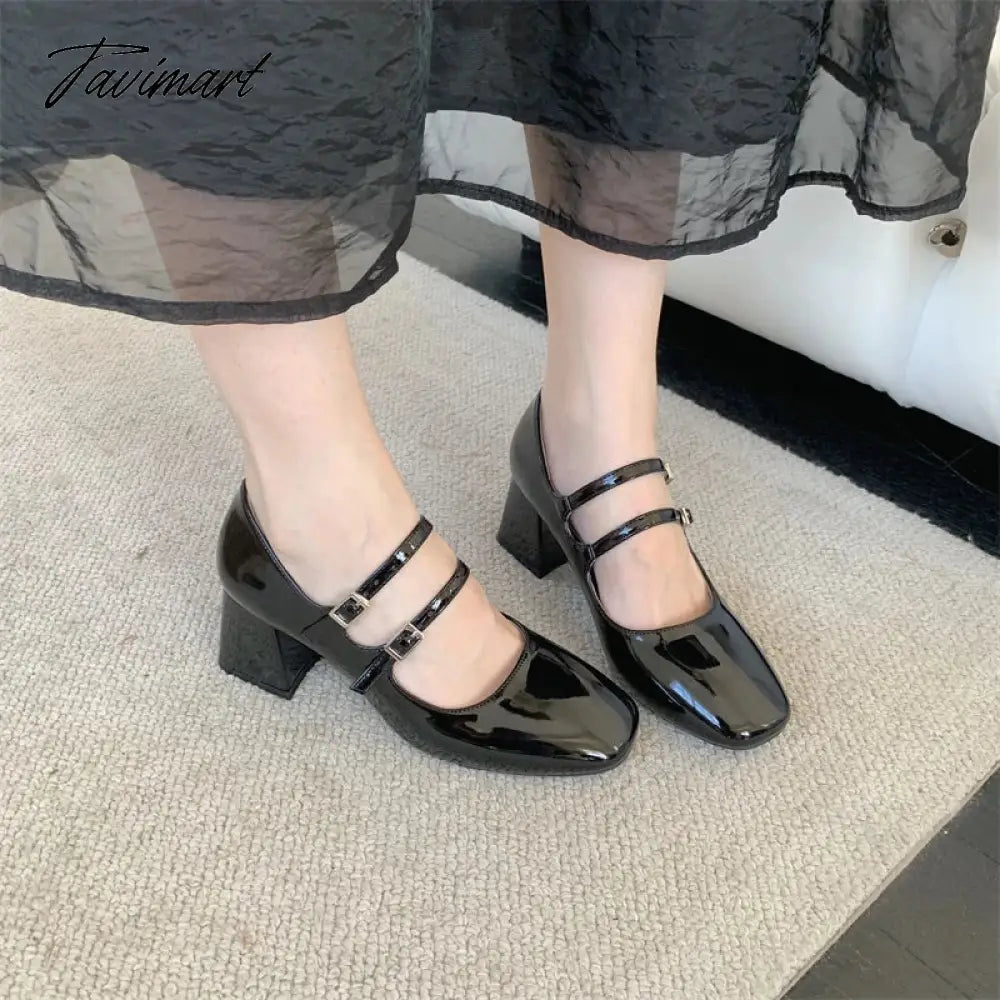 vzyzv -  New Spring Korea Flats Fashion Mary Jane Shoes Square Toe Women's Shoes Retro PU Red Black Women Pumps