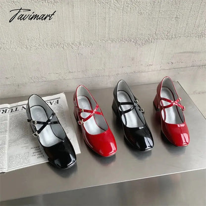 vzyzv -  New Spring Korea Flats Fashion Mary Jane Shoes Square Toe Women's Shoes Retro PU Red Black Women Pumps