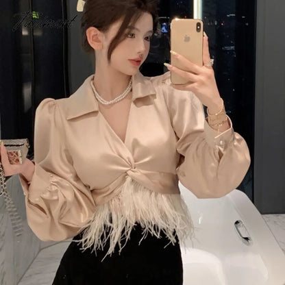 vzyzvNew Spring Women Elegant Feather Patchwork Puff Long Sleeve Satin Shirt Top Ladies Sexy V-Neck Slim Short Blouse Femme