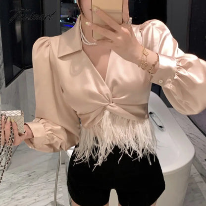 vzyzvNew Spring Women Elegant Feather Patchwork Puff Long Sleeve Satin Shirt Top Ladies Sexy V-Neck Slim Short Blouse Femme