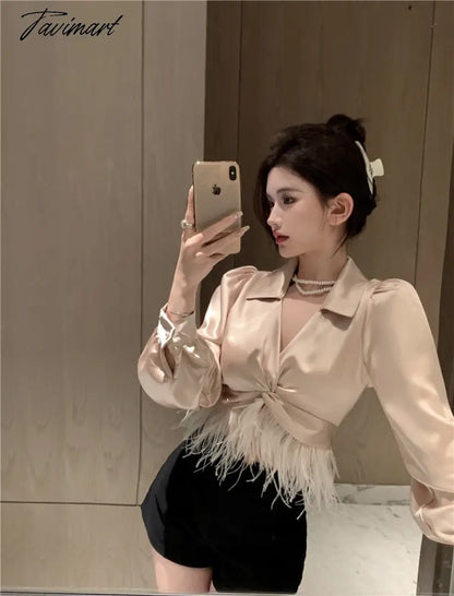 vzyzvNew Spring Women Elegant Feather Patchwork Puff Long Sleeve Satin Shirt Top Ladies Sexy V-Neck Slim Short Blouse Femme