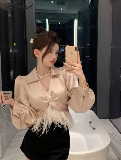 vzyzvNew Spring Women Elegant Feather Patchwork Puff Long Sleeve Satin Shirt Top Ladies Sexy V-Neck Slim Short Blouse Femme