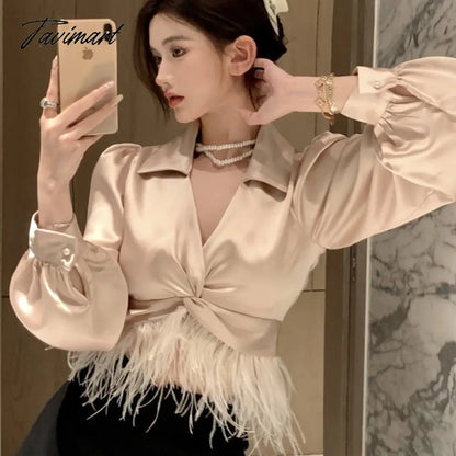 vzyzvNew Spring Women Elegant Feather Patchwork Puff Long Sleeve Satin Shirt Top Ladies Sexy V-Neck Slim Short Blouse Femme