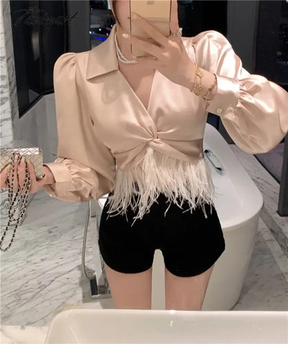 vzyzvNew Spring Women Elegant Feather Patchwork Puff Long Sleeve Satin Shirt Top Ladies Sexy V-Neck Slim Short Blouse Femme