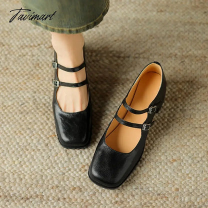 vzyzv -  NEW Spring Women Pumps Genuine Leather Shoes for Women Square Toe Chunky Heel Shoes Retro Mid-heel Mary Janes Shoes zaptos mujer