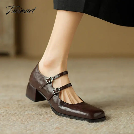 vzyzv -  NEW Spring Women Pumps Genuine Leather Shoes for Women Square Toe Chunky Heel Shoes Retro Mid-heel Mary Janes Shoes zaptos mujer