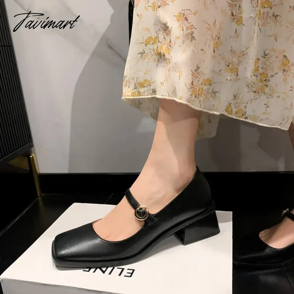 vzyzv NEW Spring Women Shoes Square Toe Chunky Heel Women Pumps Solid Split Leather High Heels Retro Women Mary Janes zapatos de mujer