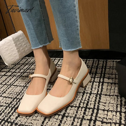 vzyzv NEW Spring Women Shoes Square Toe Chunky Heel Women Pumps Solid Split Leather High Heels Retro Women Mary Janes zapatos de mujer