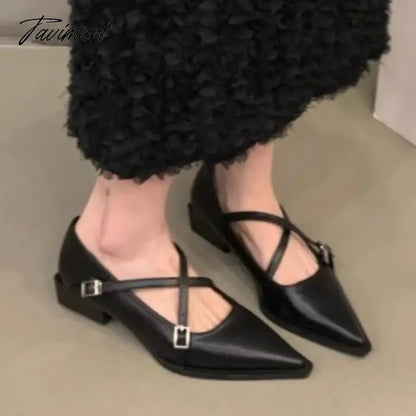 vzyzv -  New Women's Cross-tied Leather Shoes Pointed Toe Double Buckle Pumps Gladiator Designer Low heels Zapatos Mujer Autumn 1502N