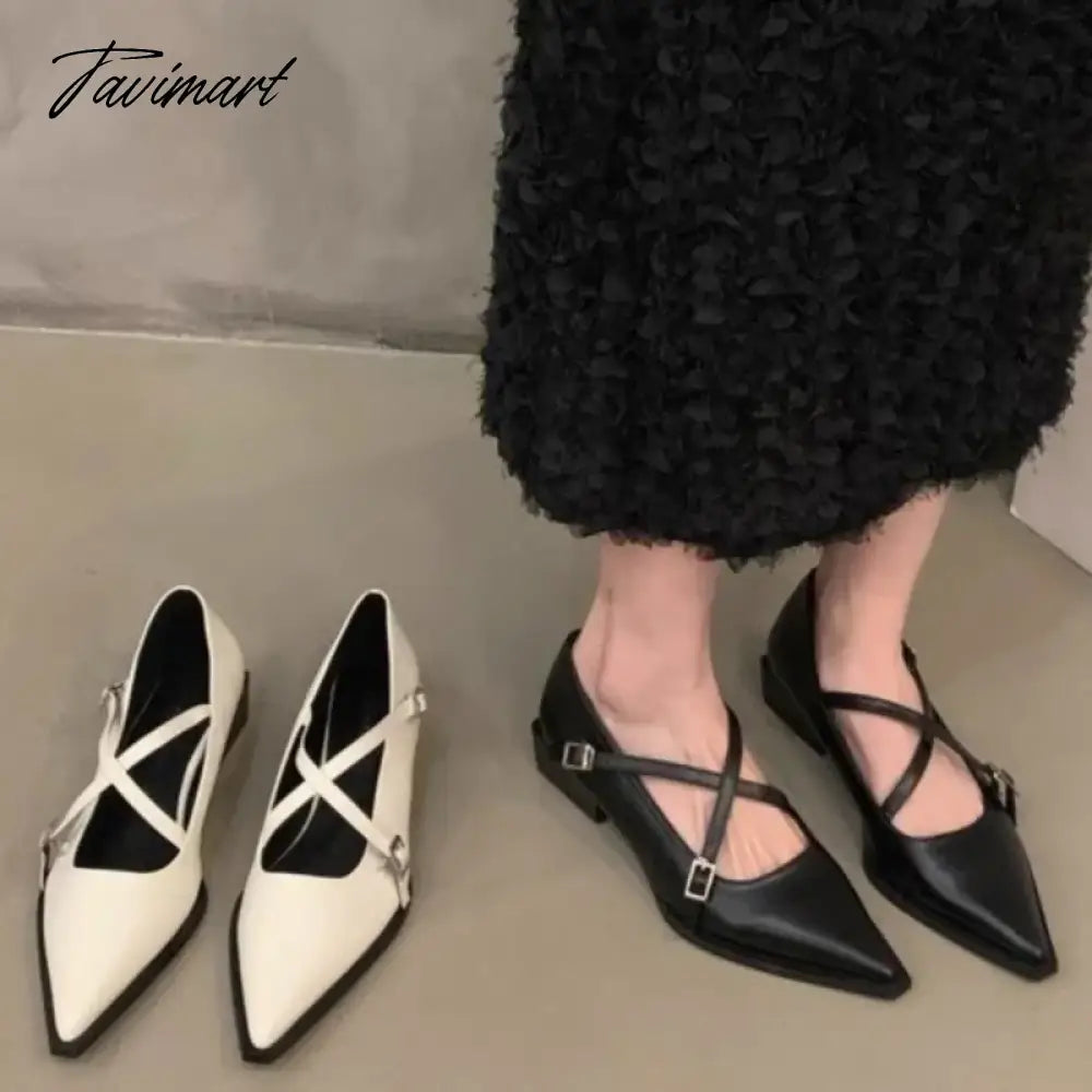 vzyzv -  New Women's Cross-tied Leather Shoes Pointed Toe Double Buckle Pumps Gladiator Designer Low heels Zapatos Mujer Autumn 1502N