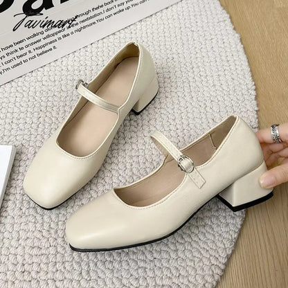 vzyzv -  New Women's Pumps Basic Mary Jane Shoes Square Toe Buckle Strap Dress Shoes Silver Black Mid Heels Zapatos Mujer Autumn 1619N