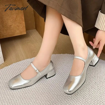 vzyzv -  New Women's Pumps Basic Mary Jane Shoes Square Toe Buckle Strap Dress Shoes Silver Black Mid Heels Zapatos Mujer Autumn 1619N