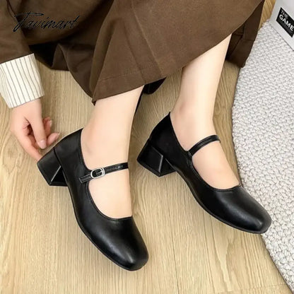 vzyzv -  New Women's Pumps Basic Mary Jane Shoes Square Toe Buckle Strap Dress Shoes Silver Black Mid Heels Zapatos Mujer Autumn 1619N