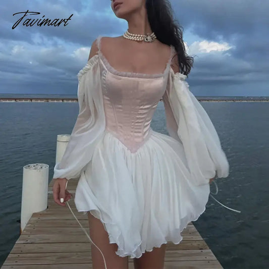 TAVIMART  -  Patchwork Long Puff Sleeve Corset Dress Women Fashion Summer White Ball Gown Party Dresses Sexy Spaghetti Strap Short Dress