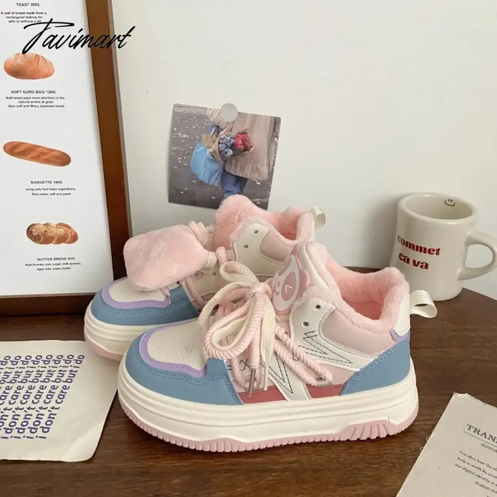 Tavimart Pink High-top Womens Sports Shoes Winter Korean Fashion Padded Warm Athletic Sneakers Causal Student New Skateboard Shoes