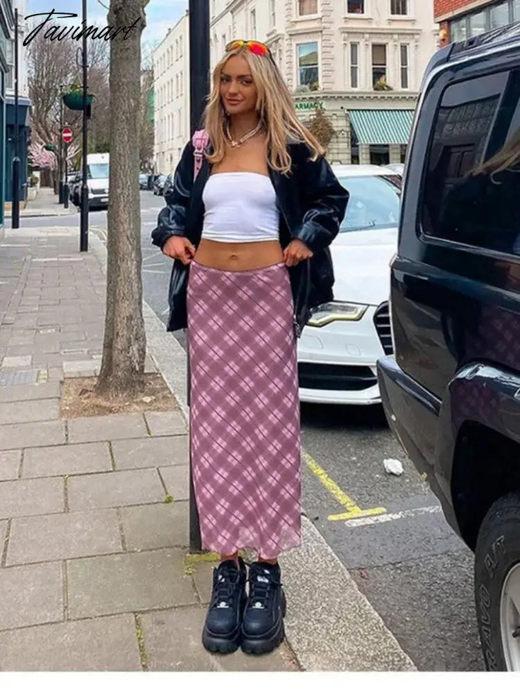 Tavimart Pink Plaid Midi Skirt High Waist Korean Fashion Clothing Causal Slim Skirts for Women Temperament Aesthetic Elegent Ropa Mujer