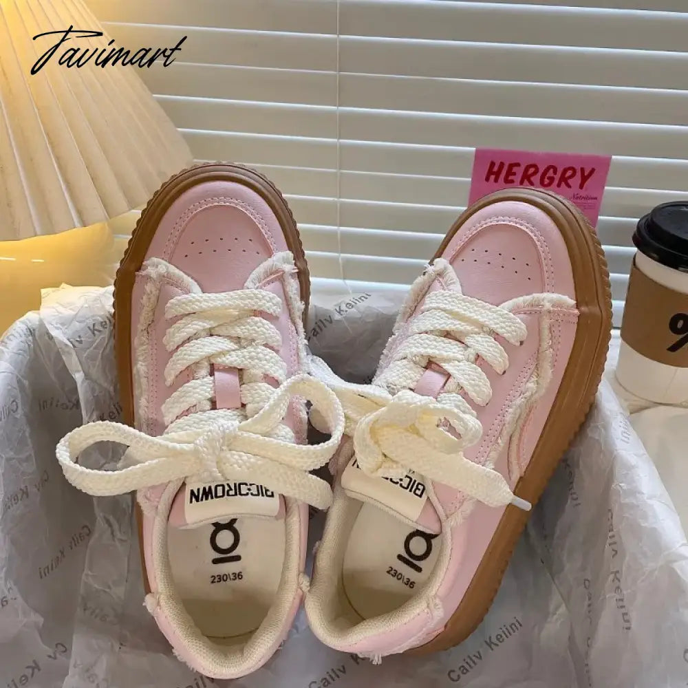 Tavimart Pink Platform Canvas Shoes for Women Low-top Korean Fashion Athletic Shoes Casual Comfortable Designer Ladies Footwear