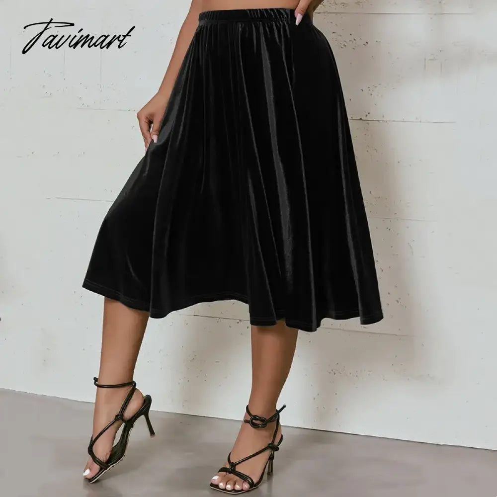 vzyzvPlus Size High Elastic Waist Velvet Skirt Women Solid Black Spring Autumn Midi Party Skirt A-line Flare Skirt Large Size 6XL 7XL