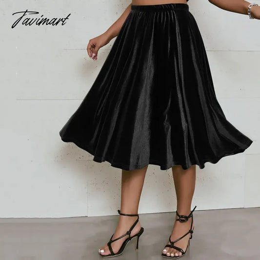 vzyzvPlus Size High Elastic Waist Velvet Skirt Women Solid Black Spring Autumn Midi Party Skirt A-line Flare Skirt Large Size 6XL 7XL