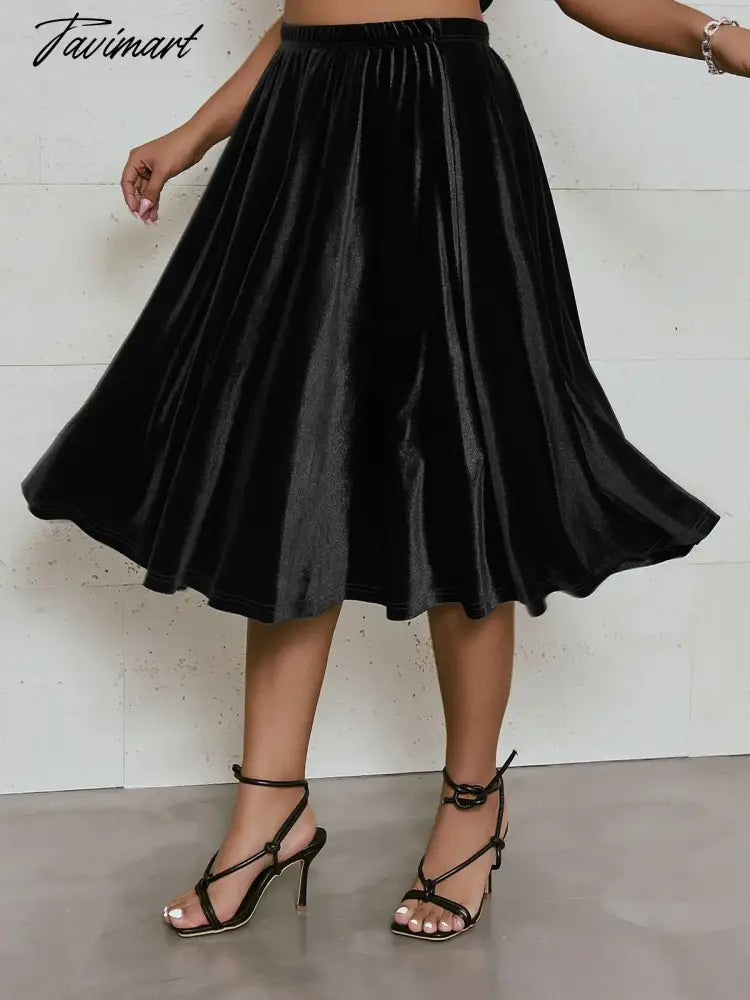 vzyzvPlus Size High Elastic Waist Velvet Skirt Women Solid Black Spring Autumn Midi Party Skirt A-line Flare Skirt Large Size 6XL 7XL