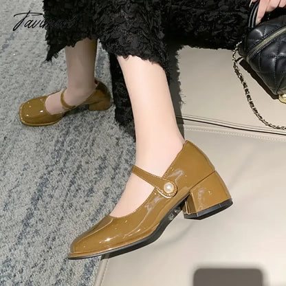 vzyzv Plus Size Women's Mary Jane Shoes Patent Leather Pumps Mid Heels Dress Shoes Pearl Buckle Strap Wedding Shoes Basic Spring 1270N