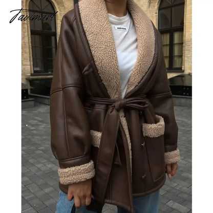 Tavimart Plush Leather Jackets Female Autumn Winter Fashion Korean Elegant Version Lapel Long Sleeved Patchwork Jacket Overcoat Tops