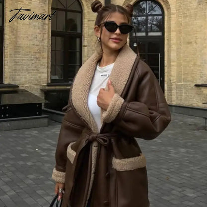 Tavimart Plush Leather Jackets Female Autumn Winter Fashion Korean Elegant Version Lapel Long Sleeved Patchwork Jacket Overcoat Tops