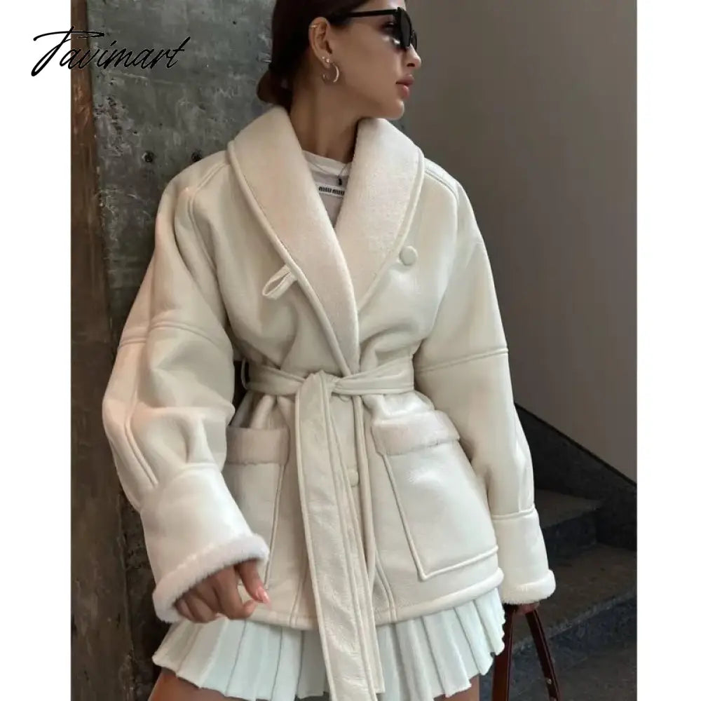 Tavimart Plush Leather Jackets Female Autumn Winter Fashion Korean Elegant Version Lapel Long Sleeved Patchwork Jacket Overcoat Tops