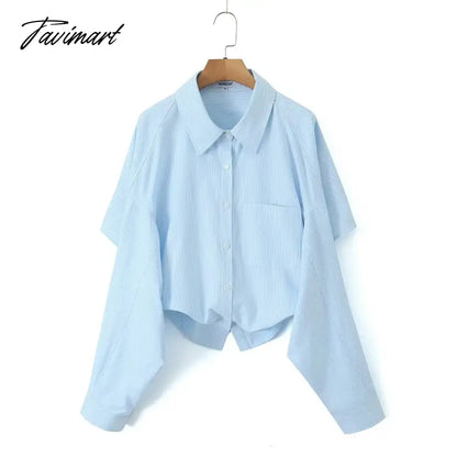 vzyzv -  Pocket Striped Cropped Shirts For Women 2024 Spring New Long Sleeve Button Lapel Collar Short Blouse Lady Street Fashion Blouse