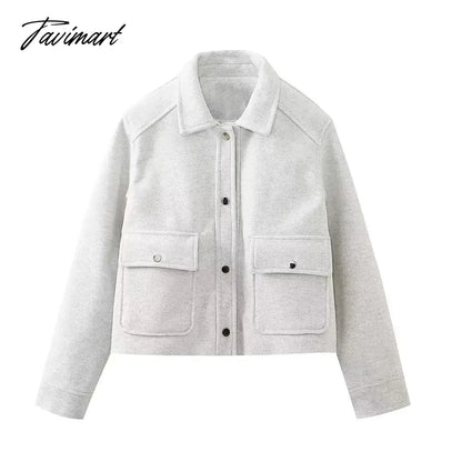 vzyzv Pockets Cropped Jacket Woman Spring Streetwear Turn Down Collar Long Sleeve Khaki Short Coat Fashion New Chic Outerwear Tops