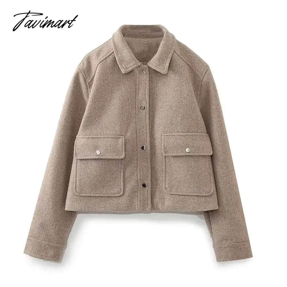 vzyzv Pockets Cropped Jacket Woman Spring Streetwear Turn Down Collar Long Sleeve Khaki Short Coat Fashion New Chic Outerwear Tops