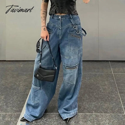 Tavimart Pockets Patchwork Baggy Jeans Fashion Streetwear Women Denim Trouser Loose Cargo Pants Korean Style