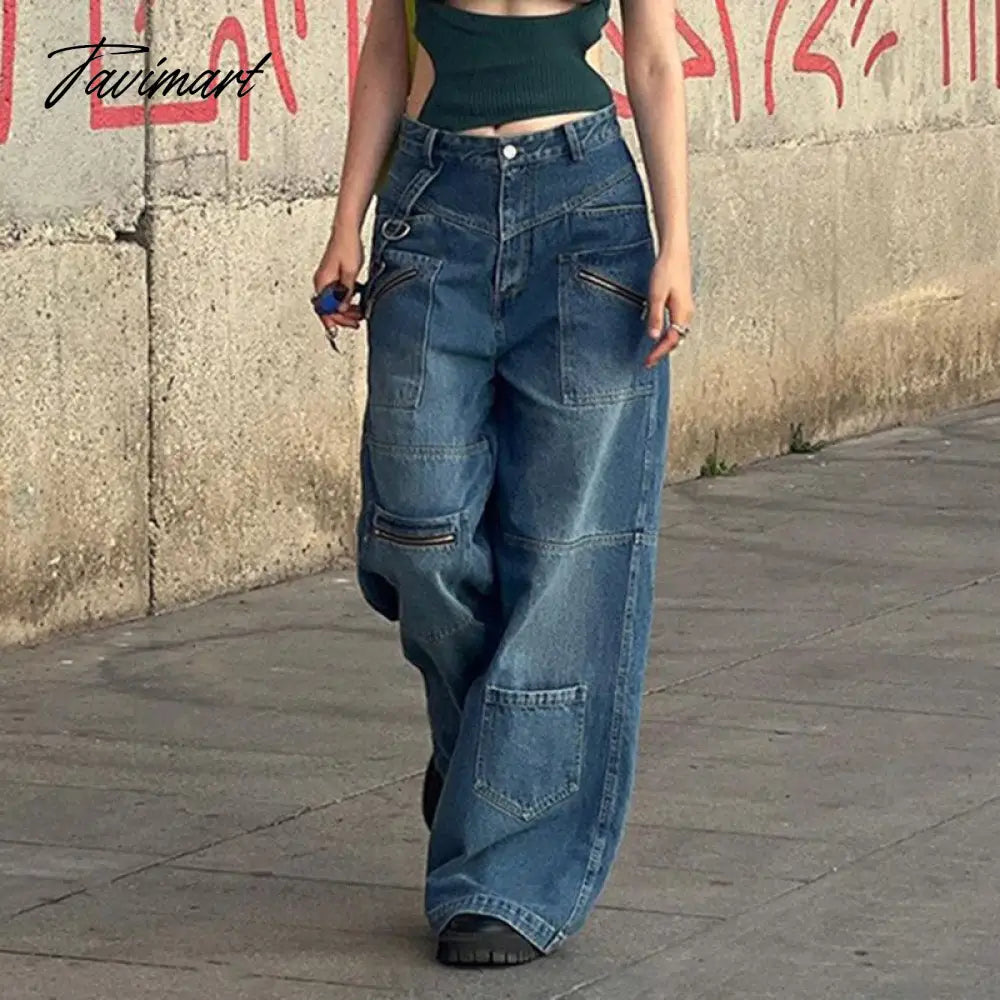 Tavimart Pockets Patchwork Baggy Jeans Fashion Streetwear Women Denim Trouser Loose Cargo Pants Korean Style