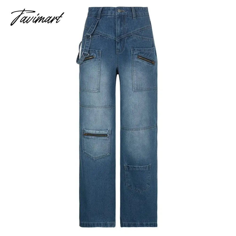 Tavimart Pockets Patchwork Baggy Jeans Fashion Streetwear Women Denim Trouser Loose Cargo Pants Korean Style