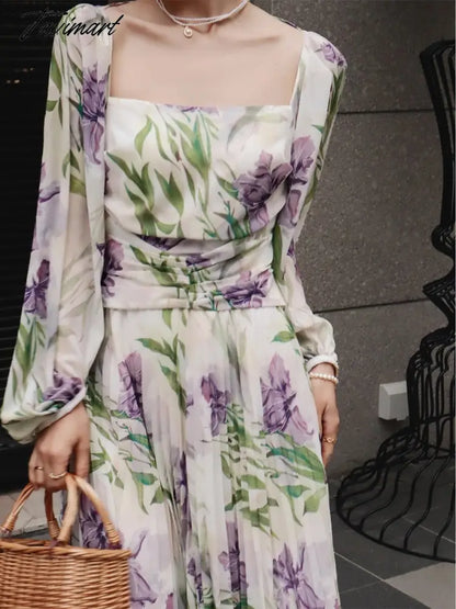 vzyzvPrinted Floral Dress Women New Summer Ladies Elegant Square Collar Slim Clothes Spring Female A-line Midi Dresses Vestidos