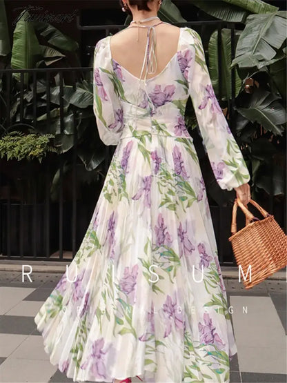 vzyzvPrinted Floral Dress Women New Summer Ladies Elegant Square Collar Slim Clothes Spring Female A-line Midi Dresses Vestidos