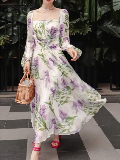 vzyzvPrinted Floral Dress Women New Summer Ladies Elegant Square Collar Slim Clothes Spring Female A-line Midi Dresses Vestidos