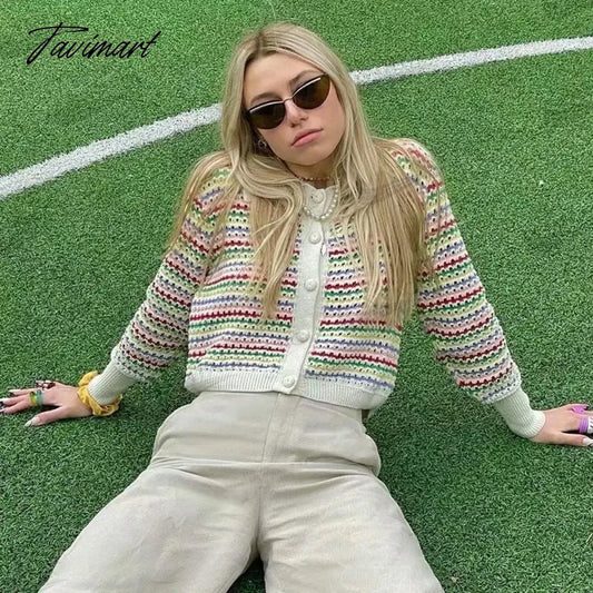 vzyzv -  Rainbow Stripe Knitted Sweater Y2K Tops Harajuku Za Women Autumn Cute Fashion Long Sleeve Crop Cardigan Korean Buttons Up Jumper