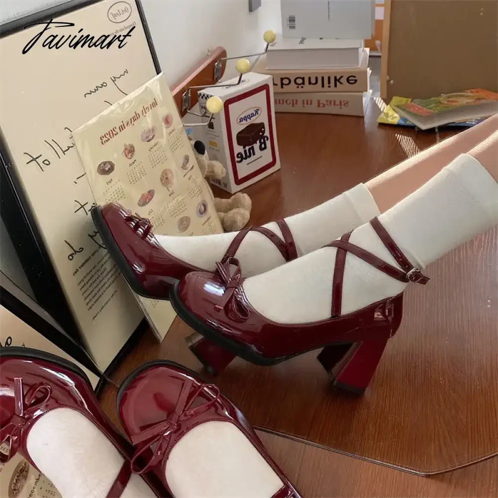 vzyzvRed Mary Jane Women Pumps Thick High Heels Shoes Female Lolita Square Toe Shoes Spring Fashion Party Leather Woman Shoes New