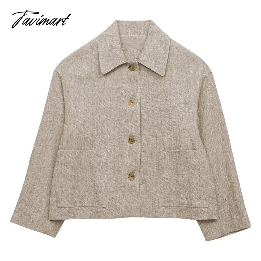 Tavimart Retro Cotton Linen Women's Short Coat Autumn And Winter Korean Harajuku Turndown Collar Button Jacket For Women Clothing