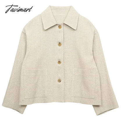 Tavimart Retro Cotton Linen Women's Short Coat Autumn And Winter Korean Harajuku Turndown Collar Button Jacket For Women Clothing