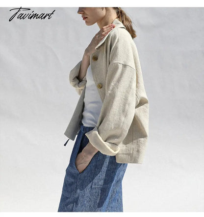 Tavimart Retro Cotton Linen Women's Short Coat Autumn And Winter Korean Harajuku Turndown Collar Button Jacket For Women Clothing