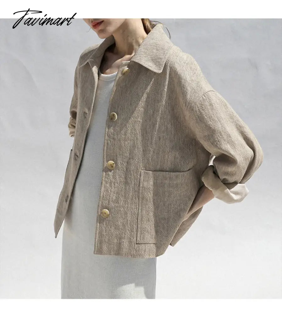 Tavimart Retro Cotton Linen Women's Short Coat Autumn And Winter Korean Harajuku Turndown Collar Button Jacket For Women Clothing