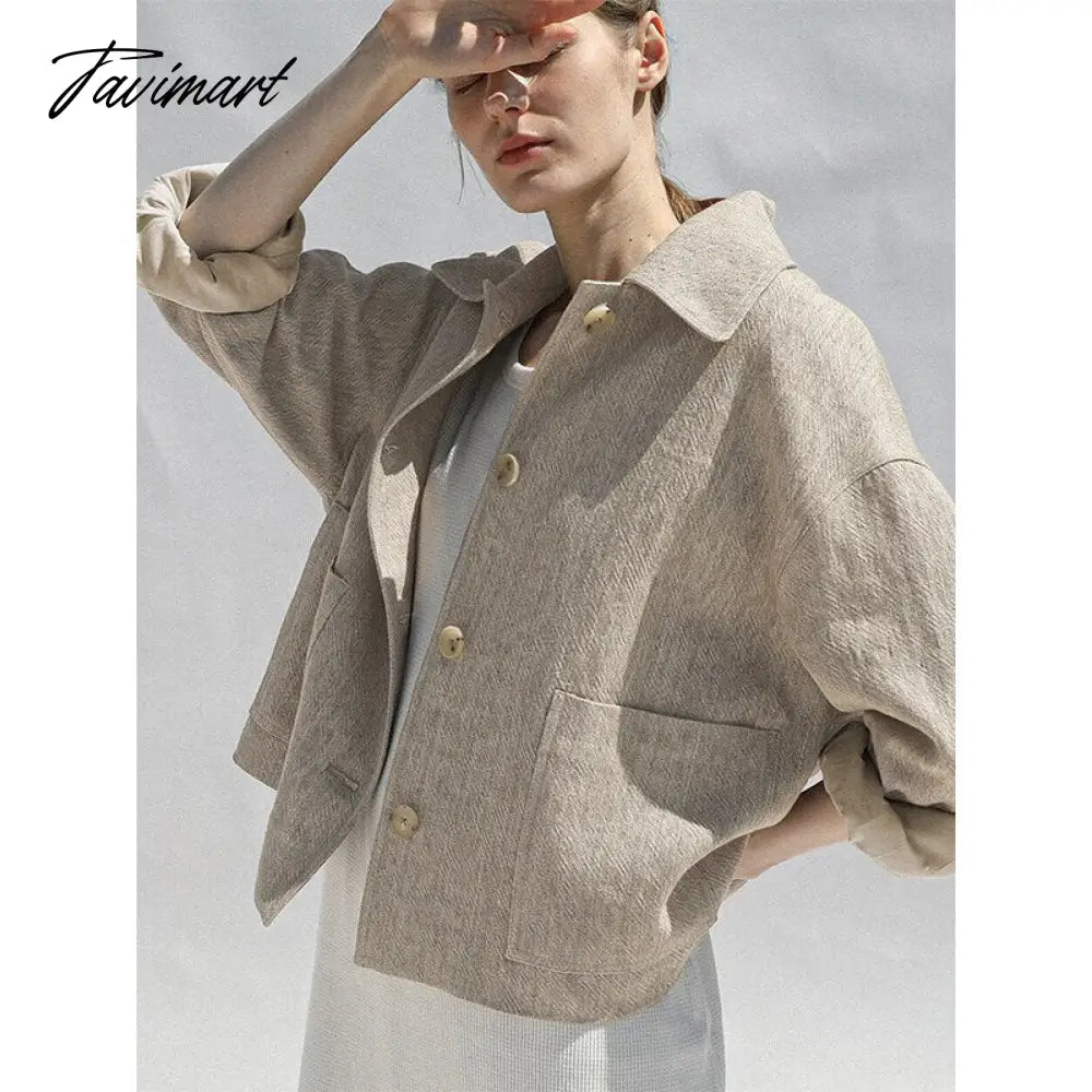 Tavimart Retro Cotton Linen Women's Short Coat Autumn And Winter Korean Harajuku Turndown Collar Button Jacket For Women Clothing