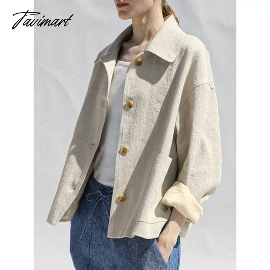 Tavimart Retro Cotton Linen Women's Short Coat Autumn And Winter Korean Harajuku Turndown Collar Button Jacket For Women Clothing