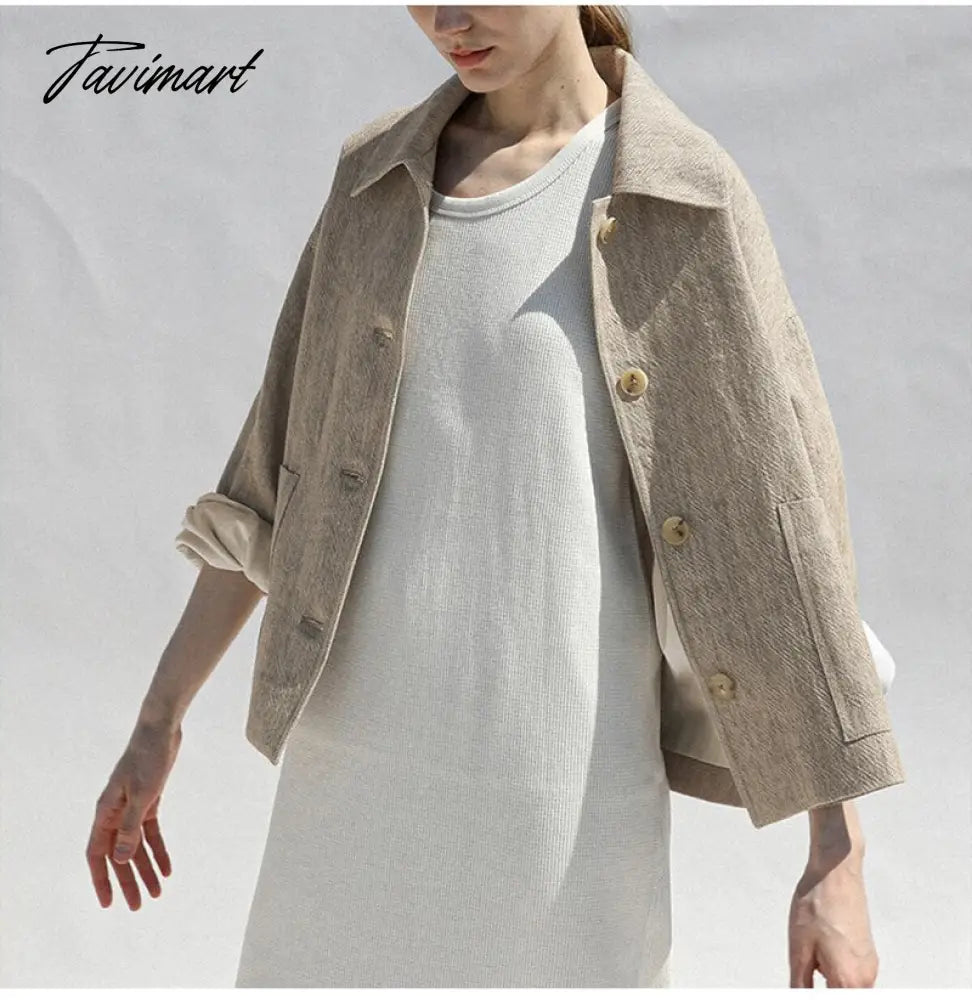 Tavimart Retro Cotton Linen Women's Short Coat Autumn And Winter Korean Harajuku Turndown Collar Button Jacket For Women Clothing