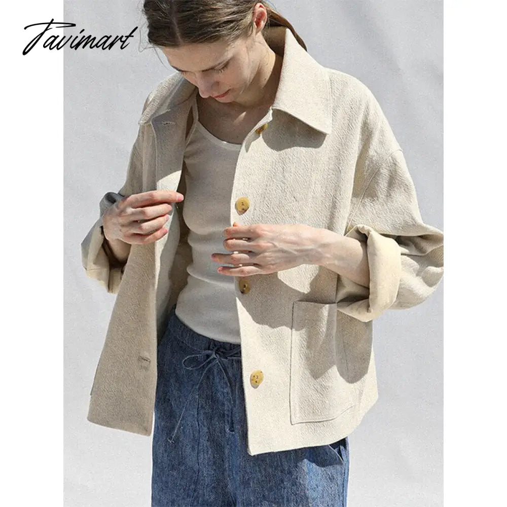 Tavimart Retro Cotton Linen Women's Short Coat Autumn And Winter Korean Harajuku Turndown Collar Button Jacket For Women Clothing