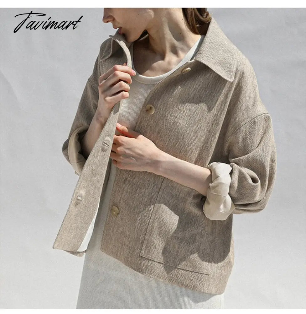 Tavimart Retro Cotton Linen Women's Short Coat Autumn And Winter Korean Harajuku Turndown Collar Button Jacket For Women Clothing